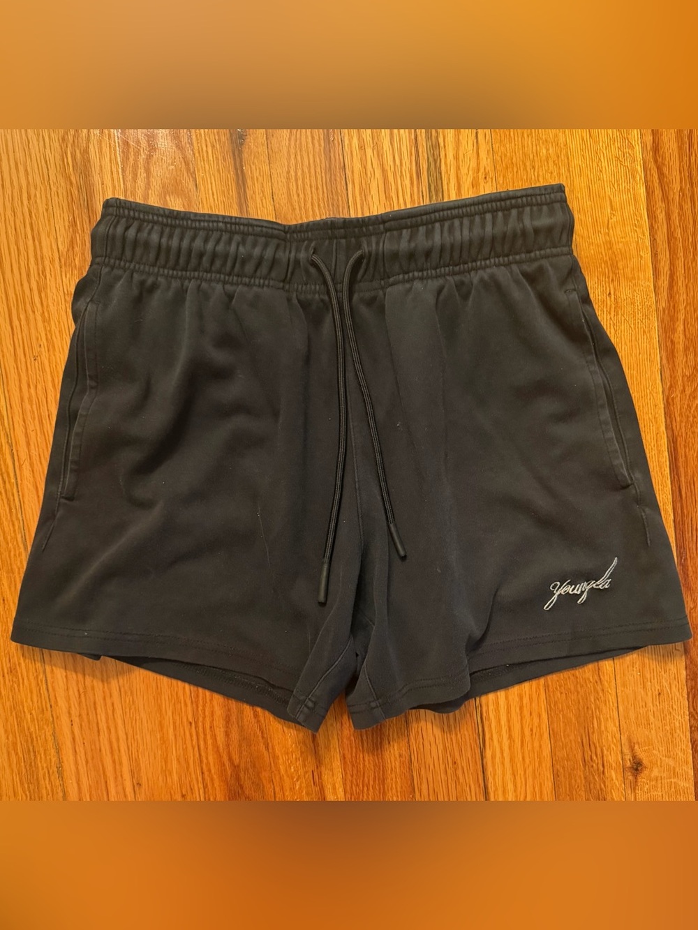 YoungLA Black Script Embroidered Drawstring Sweat Shorts 5”